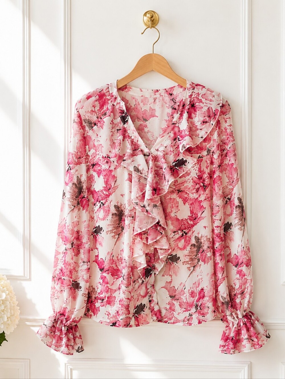 Pink Floral Ruffle Semi Sheer Blouse | Size Medium | Romantic Feminine - Picture 5 of 8